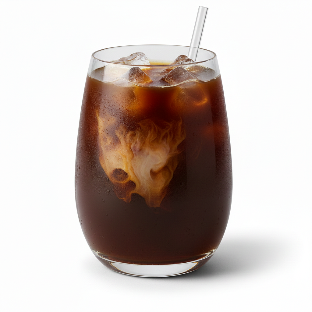 A glass of Iced Coffee Service with swirling cream and a straw sits on a white background.