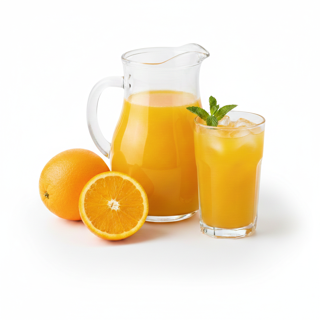 A glass and a disposable pitcher of Freshly Squeezed Juice with ice and mint are placed beside a whole orange and an orange half on a white background.