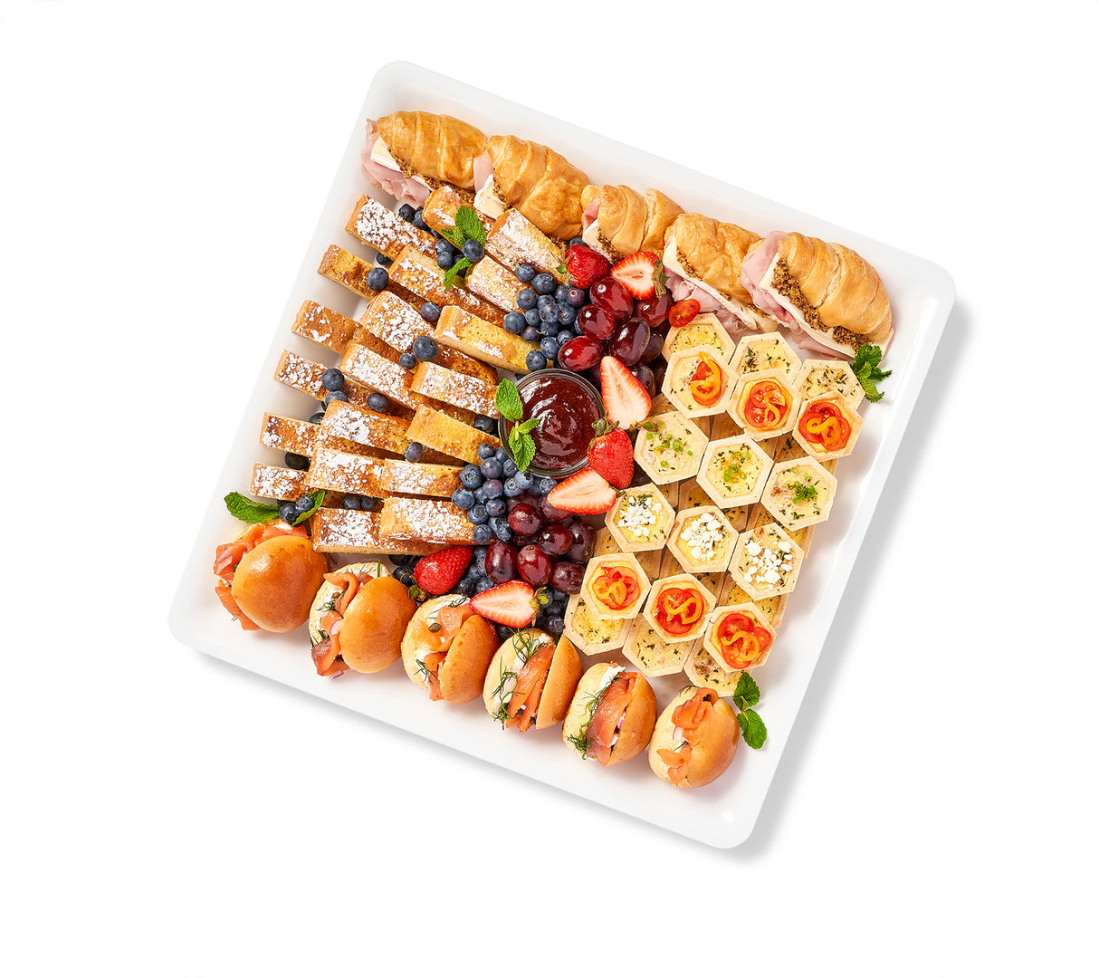 A Savory Platter with a variety of Lox & Dill Sprig Mini Sandwiches and Assorted Mini Quiches.