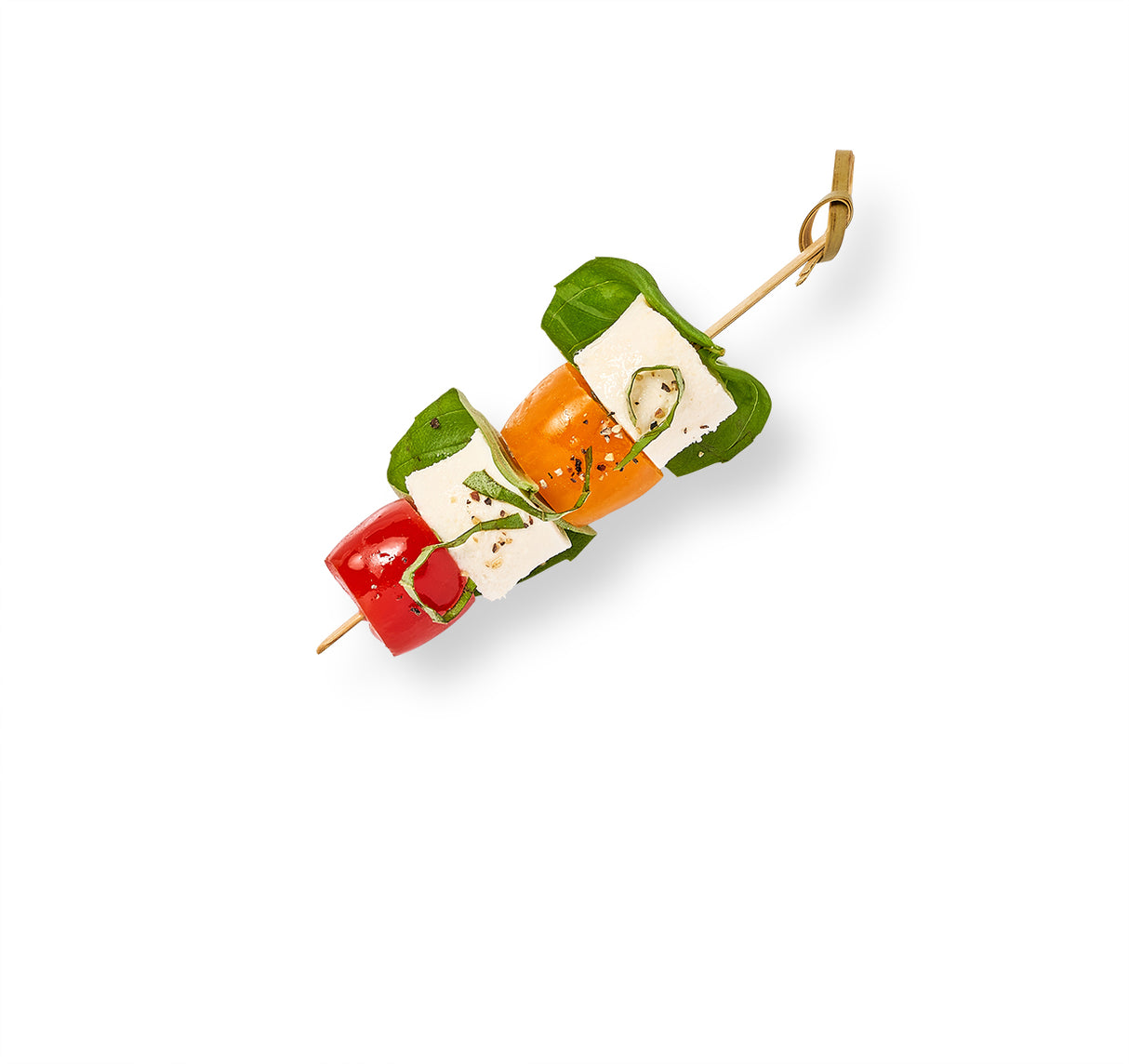 Tomato, Basil, and Mozzarella Skewers on a white background.