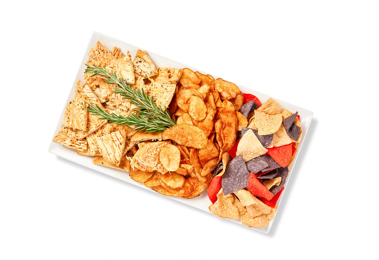A tray of Trio of Chips on a white background.