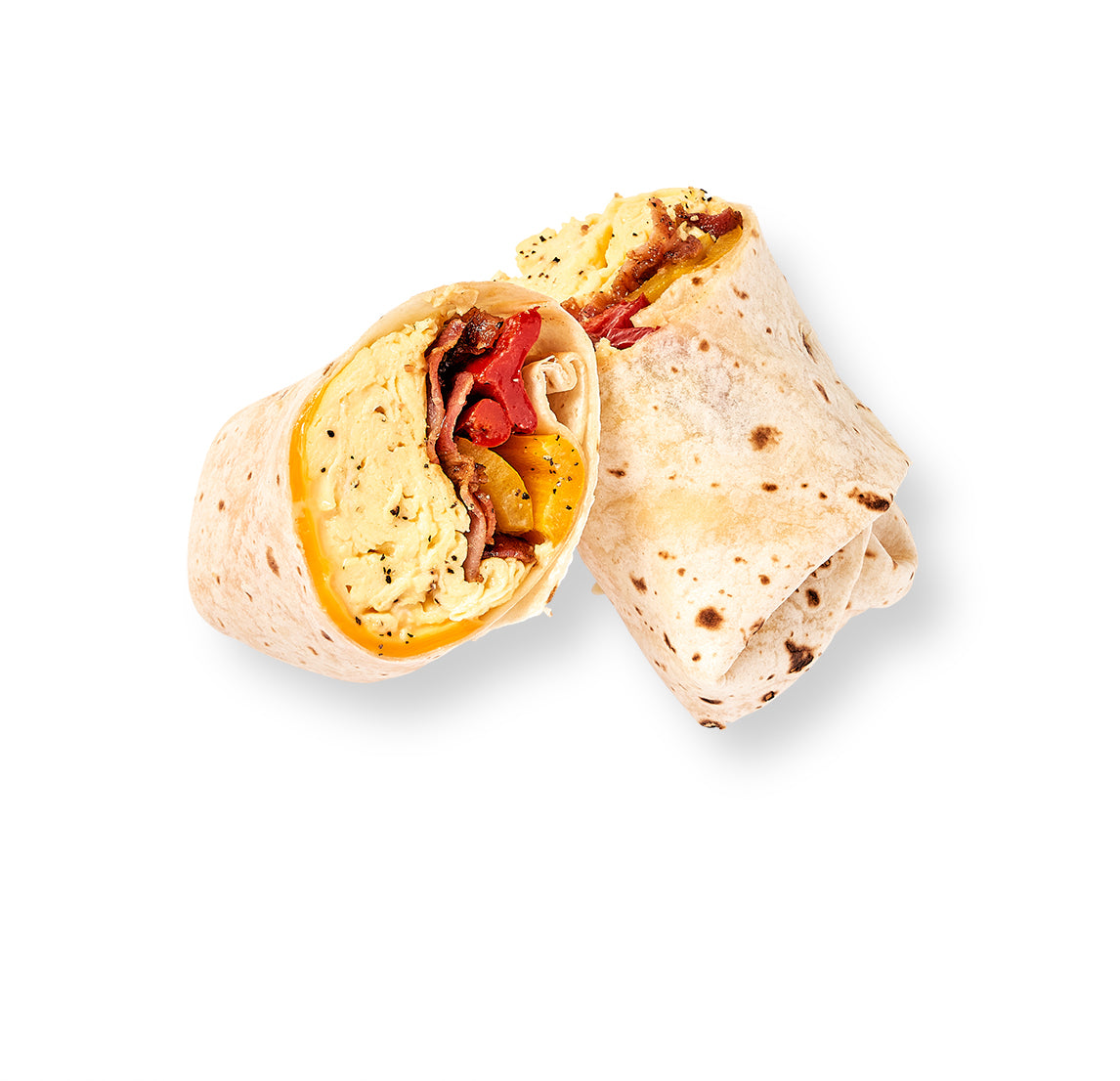 Mini Egg Sandwiches or Egg Wraps, sliced to reveal scrambled eggs, cheddar cheese, bacon, red bell peppers, and a hint of salt wrapped in a flour tortilla on a white background.