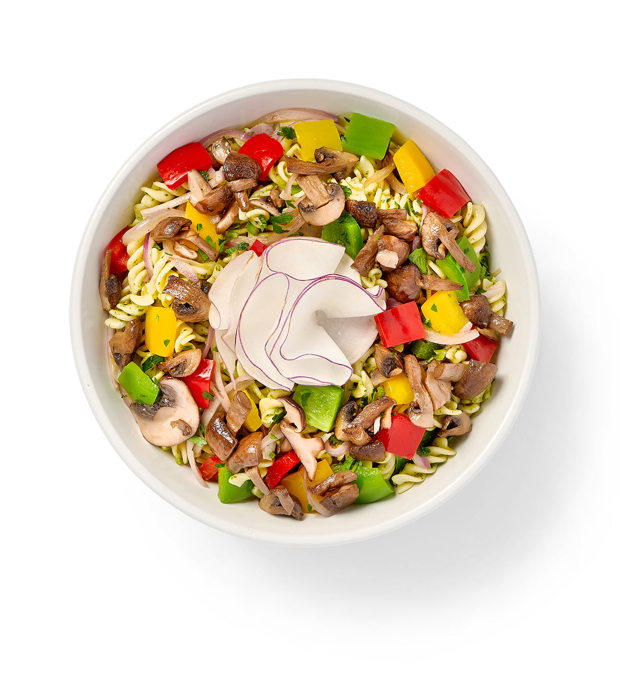 A bowl of Truffled Pasta Salad with Roasted Vegetables and Basil.