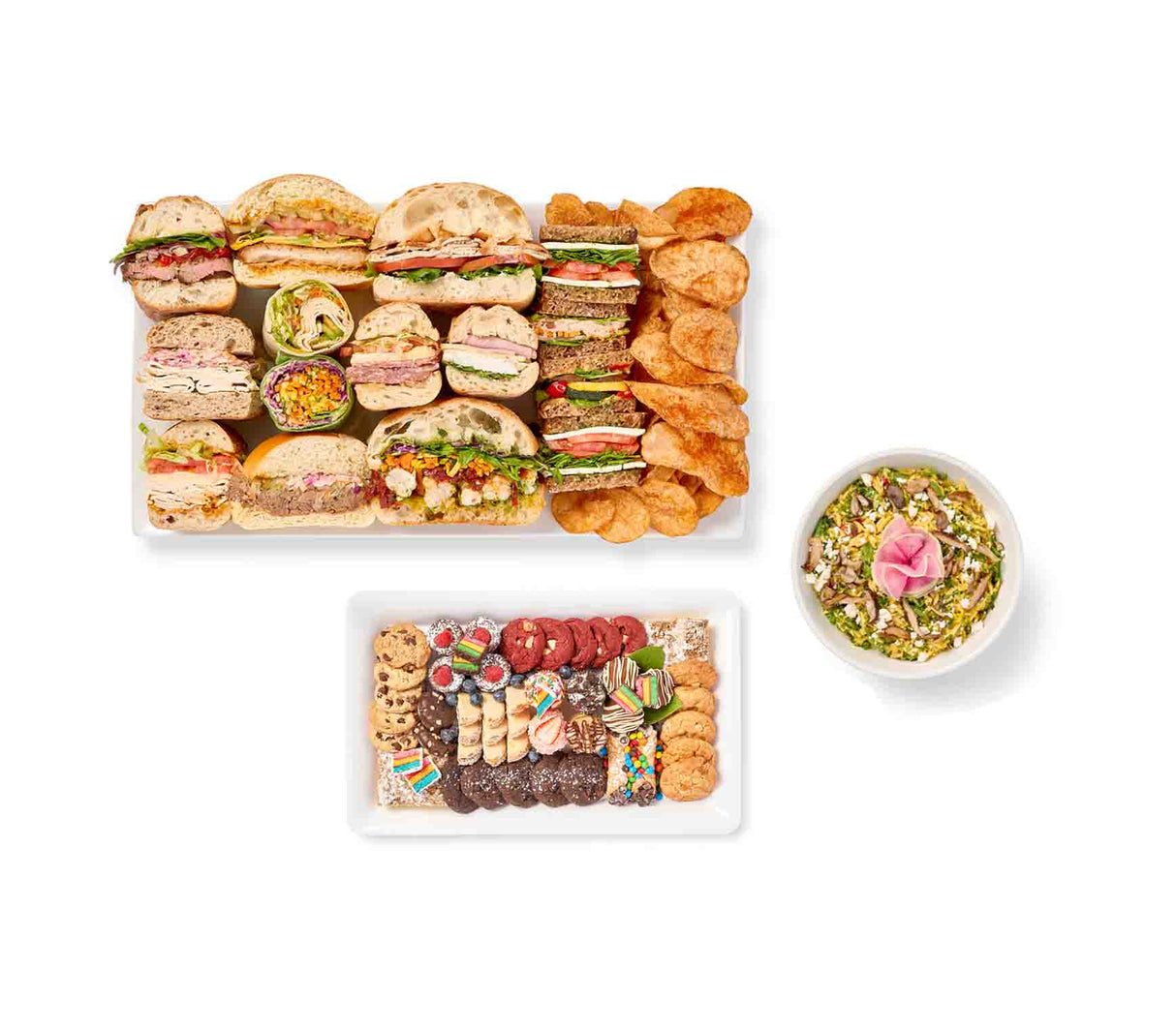 A Working Lunch filled with an assortment of sandwiches and wraps, accompanied by chips and dips.