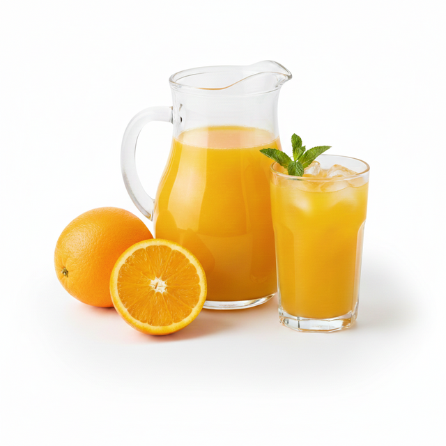 A glass and a disposable pitcher of Freshly Squeezed Juice with ice and mint are placed beside a whole orange and an orange half on a white background.