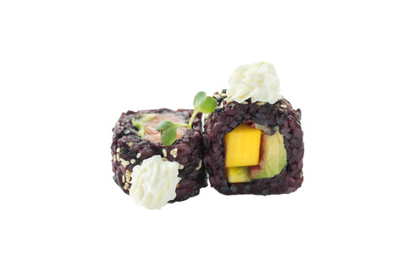 A Vegan Sushi Party Platter with two black rice rolls includes avocado and spicy mango filling, garnished with white cream and microgreens.