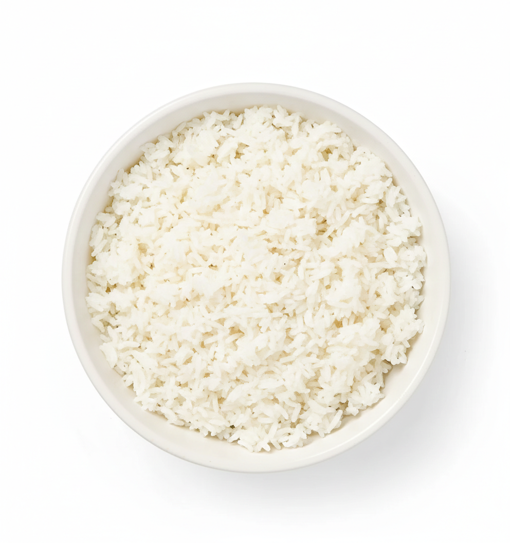 A white bowl filled with cooked Jasmati Rice, photographed from above on a white background.