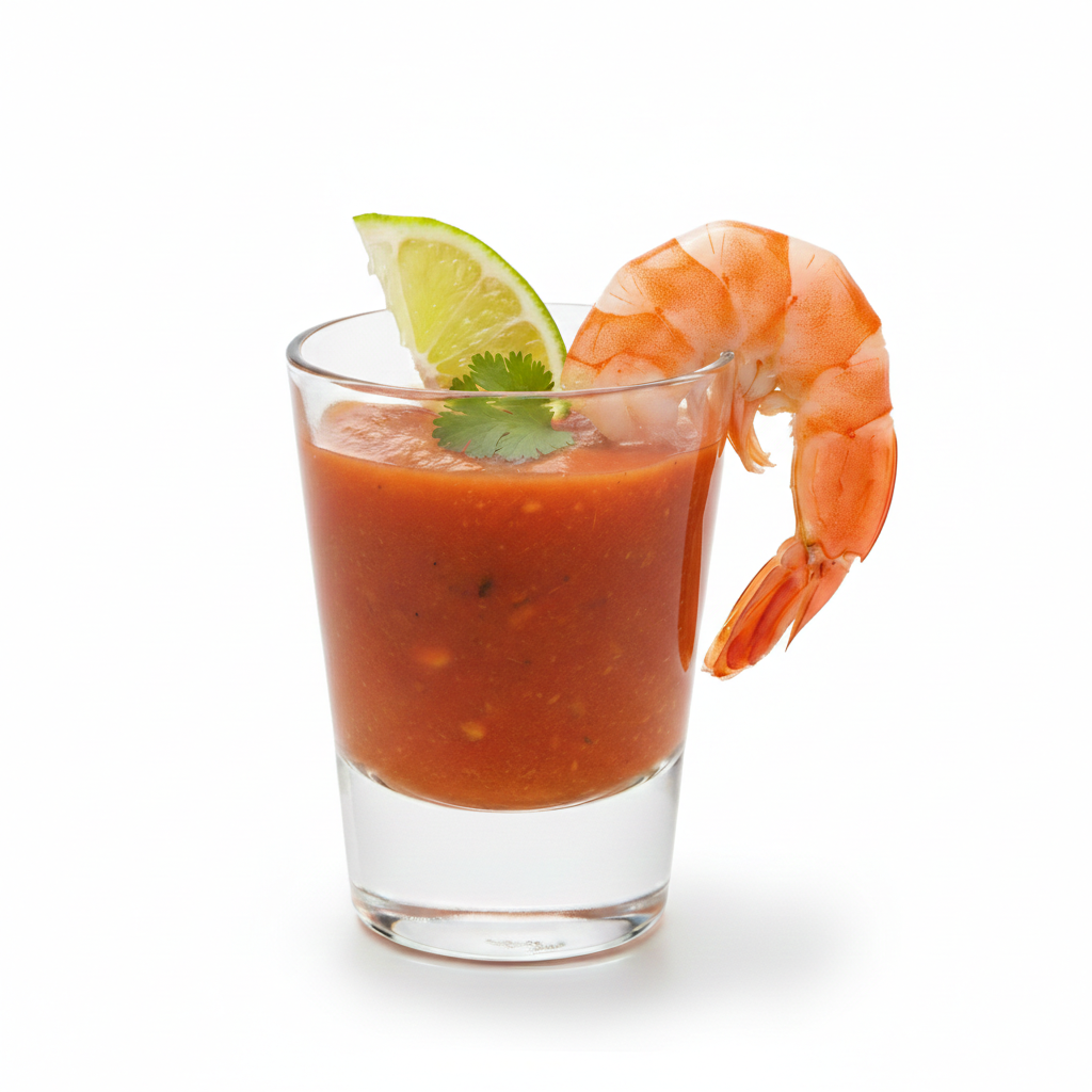 The Classic Shrimp Cocktail Shooter features cocktail sauce in a shot glass, topped with steamed shrimp, a lime wedge, and cilantro leaf, presented against a white background.