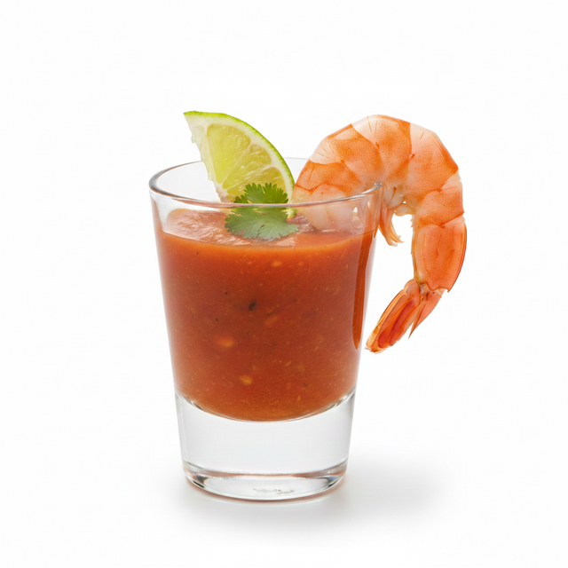 The Classic Shrimp Cocktail Shooter features cocktail sauce in a shot glass, topped with steamed shrimp, a lime wedge, and cilantro leaf, presented against a white background.