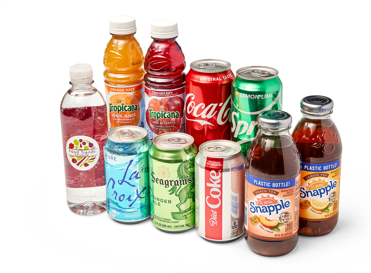 Sodas & Seltzers arranged in rows against a white background.