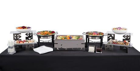 A buffet table with several bowls of Asian Fusion food on it, including ginger glazed salmon and chicken teriyaki.