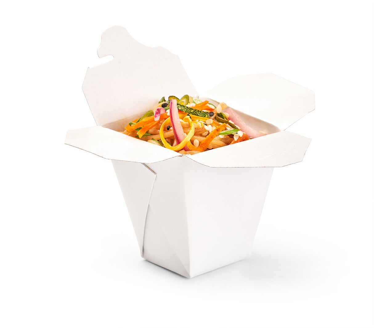 Sesame Noodles with Chicken in a white takeout container, featuring noodles, tender chicken, julienne vegetables, garnishes, and a sprinkle of sesame seeds on a plain white background.