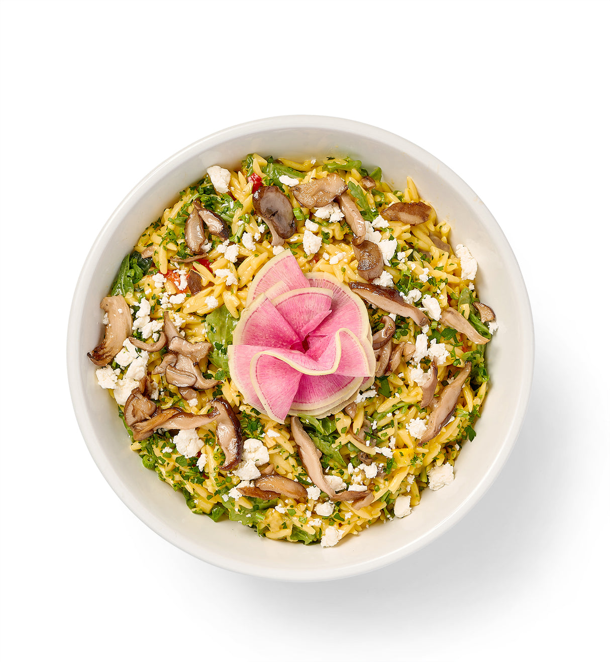 A bowl of Orzo Pasta Salad with mushrooms and spinach on top.