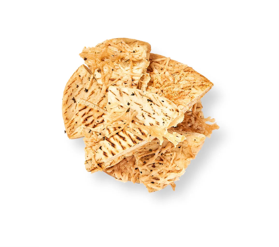 A piece of Homemade Chips and Dip on a white background.